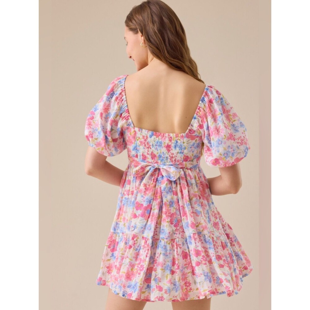 Altar’d State Pink Blue White Floral Tiered Puff Sleeve Bow Cottage Mini Dress